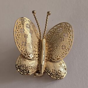 Vintage butterfly brooch gold tone pin cutout pin insect filigree moth